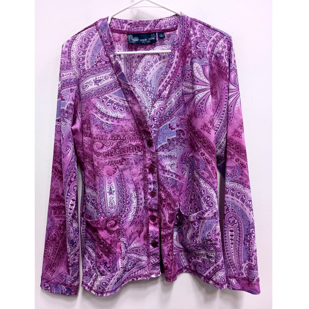 Susan Graver Style Cardigan Womens Large Purple Paisley Button Front Mesh BOHO